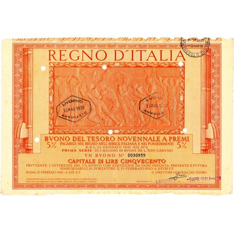 1941 02 Buono Del Tesoro Novennale A Premi 5 Lire 500 Roma