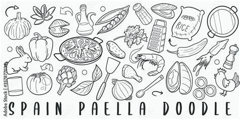 Paella Spanish Food Doodle Line Art Illustration Hand Drawn Vector