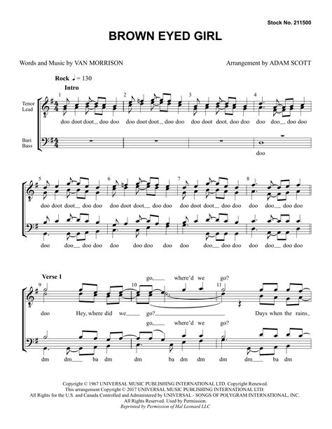 Brown Eyed Girl Arr Adam Scott Sheet Music Van Morrison TTBB Choir