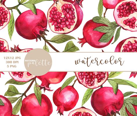 Red Pomegranates Watercolor Seamless Patterns Clipart Etsy