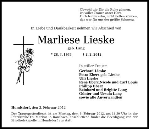 Traueranzeigen Von Marliese Lieske Rz Trauer De