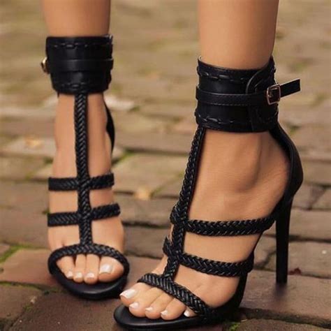 Black Open Toe Stiletto Heel Sandals Black Strappy Heels Heels High