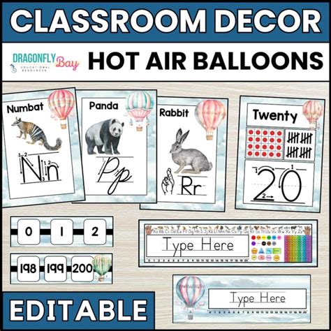 Hot Air Balloon Classroom Decor Bundle Editable Watercolor Back To School