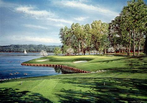 A Painting Of A Golf Course With Water And Trees In The Background On A