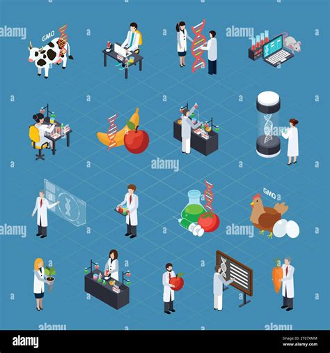 Gmo Related Icons Set With Researchers Conducting Scientific Experiments Dna Signs Genetically