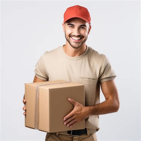 Premium AI Image Arafed Man In A Red Cap Holding A Box And Smiling