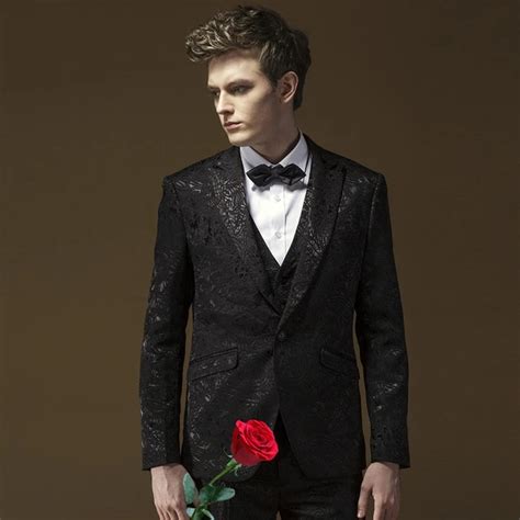 Black Jacquard Mens Suit With Pants Grooms Slim Fit Men Dress Suits