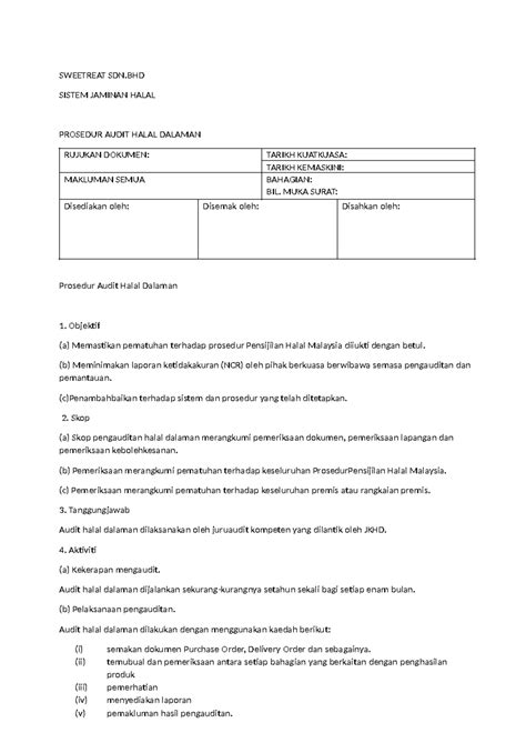 Internal Halal Audit Procedure SWEETREAT SDN SISTEM JAMINAN HALAL