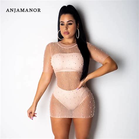 Buy Anjamanor Pearl Beading Mesh See Through Sexy Club