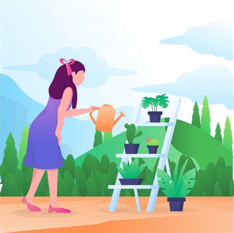 Premium Vector Woman Watering Plants In A Garden Illustration