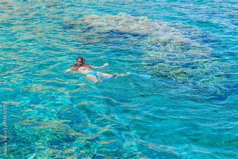 Sexy Girl Swimming And Snorkeling In Red Sea Beautiful Aquamarine Water