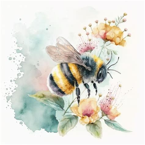 Premium Photo Flying Bee And Flowers Pollination Watercolor