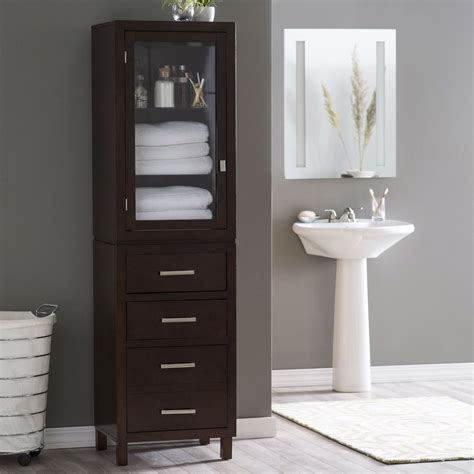 Espresso Wood Linen Tower Bathroom Storage Cabinet With Glass Paneled