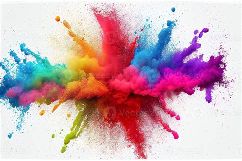 colorful rainbow holi paint color powder explosion isolated white wide ...