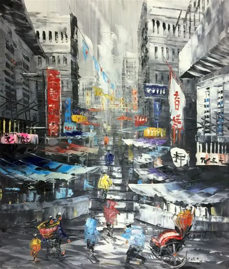 Hand Painted Oil Painting On Canvas Cityscape Hong Kong Trams Street