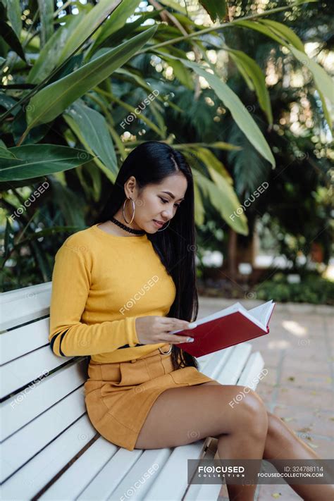 Side View Of Brunette Asian Woman Reading Book In Red Cover Sitting On