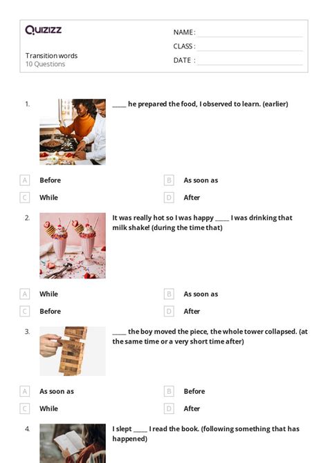 Printable Transition Words Worksheets Quizizz