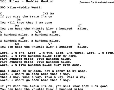 500 Miles by Heddie Westin, song lyric for vocal performance plus ...