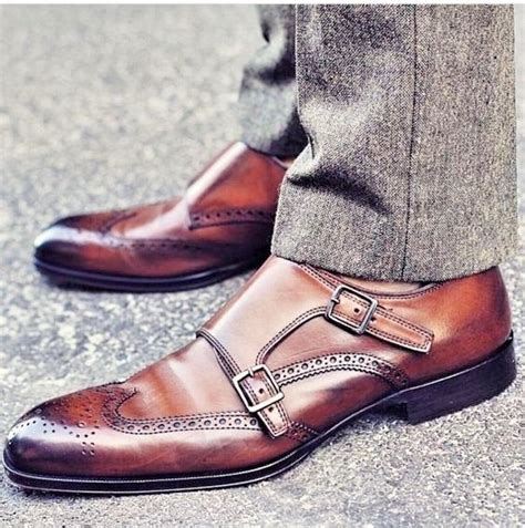 Handmade Mens Genuine Brown Leather Double Buckle Monk Strap Wingtip Shoes Dress Shoes Men