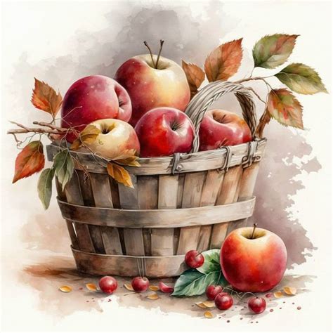 A Painting Of Apples In A Basket With Leaves