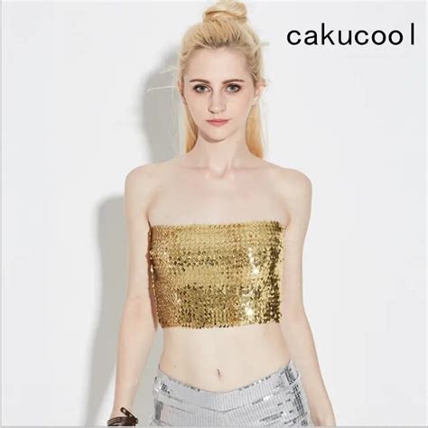 Cakucool Summer Women Full Sequins Bling Crop Top Tube Luxury Party