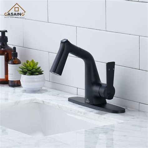 Casainc Matte Black Single Hole 1 Handle Swivel Pull Down Bathroom Sink Faucet With Deck Plate