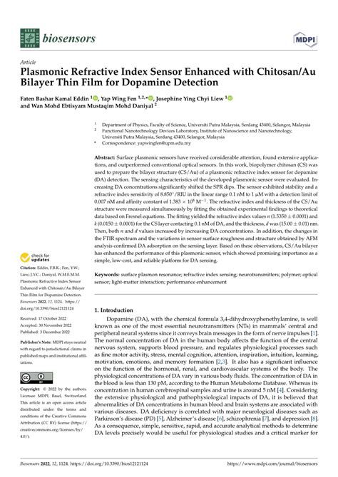 Pdf Plasmonic Refractive Index Sensor Enhanced With Chitosan Au Bilayer Thin Film For Dopamine