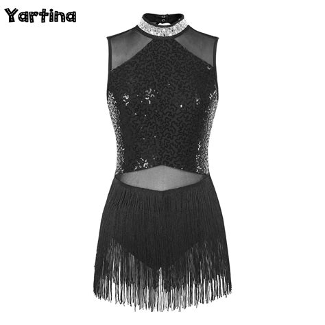 Womens Tassel Ballet Tights Jumpsuit Glittery Rhinestone Sequin Dance