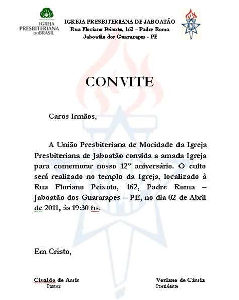 Modelo De Carta Convite Para Igreja Imagui