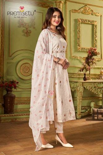 Premsetu Woman Handwork A Line Kurtapant Set With Dupatta On Mul Cotton