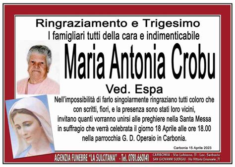 Funerali E Annunci Funebri A Maria Antonia Crobu Funer