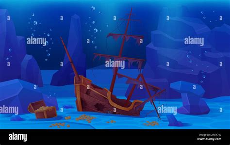 Sunken Pirate Ship On Sea Or Ocean Bottom Vector Illustration Cartoon