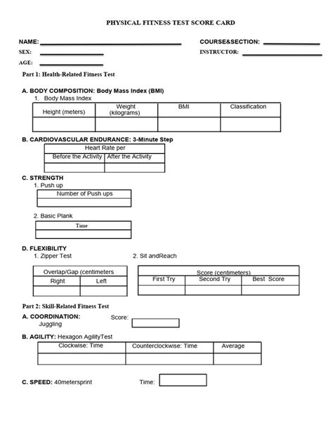 Physical Fitness Test Score Card Sex Instructor Age Pdf