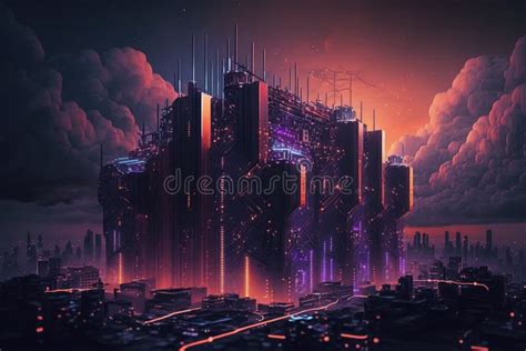 City On The Motherboard Technology Concept Skyscrapers Clouds Stock