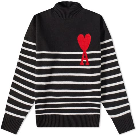 AMI Large A Heart Striped Roll Neck Knit Black White Red END