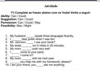 Atividade De Ingl S Sobre O Modal Verbs Brainly Br