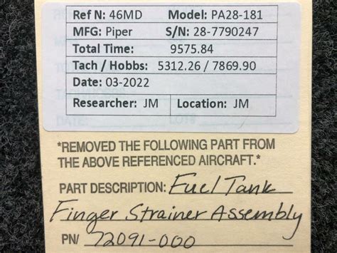 72091 000 Piper Pa28 181 Fuel Tank Finger Strainer Assembly