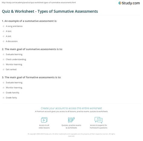 Quiz & Worksheet - Types of Summative Assessments | Study.com