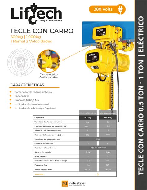 Tecle Electrico Con Carro Ameh 380v 1000kg1 Ramal 1 Vel Tecles And Winches