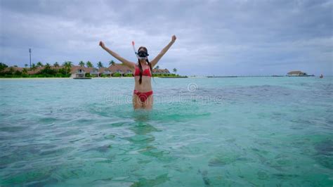 Woman In A Red Bikini Is Snorkeling Happy On Maldives Stock Footage