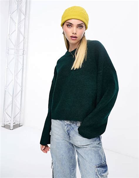 Monki Round Neck Relaxed Knitted Sweater In Dark Green Melange Asos