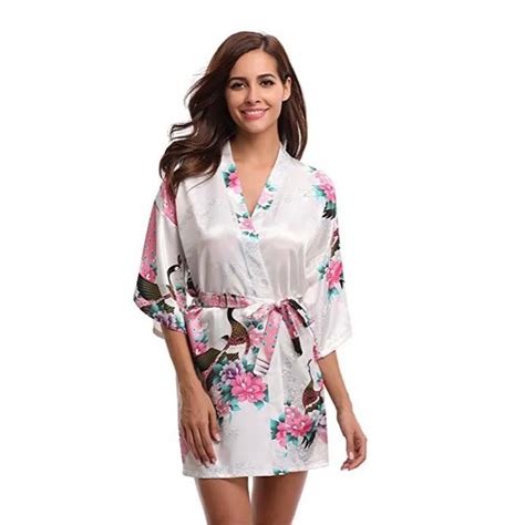 Sexy White Printed Female Mini Silk Robe Rayon Kimono Women S Kimono Robe Peacock And Blossoms