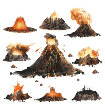 Volcano In Varying Degrees Of Eruption Volcano Eruption Lava Png