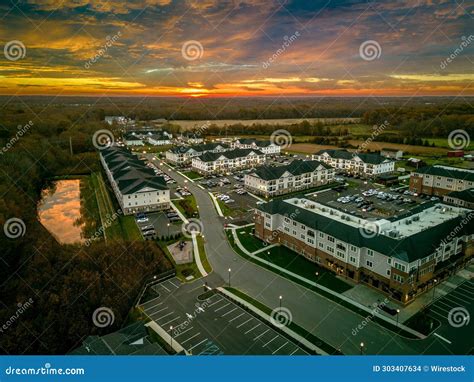 Scenic Aerial View Of Monroe New Jersey Cityscape At Sunrise With A