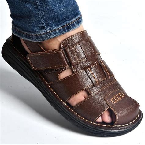 Mens Fashion Genuine Leather Beach Sandals Toe Covers Summer Shoes Flats Platform Shoe Wish