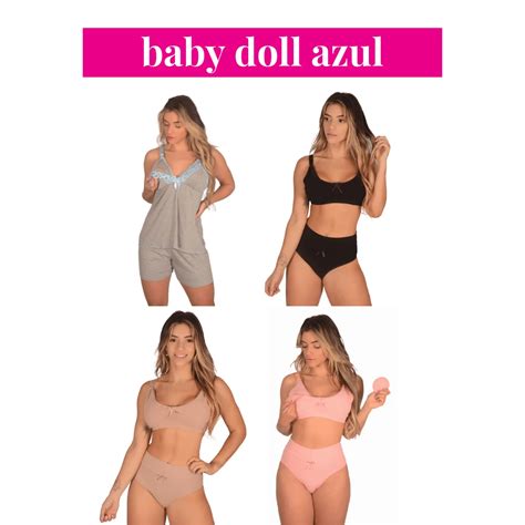 Kit 1 Baby Doll 3 Conjuntos Sutiã de Amamentação Calcinha Pós