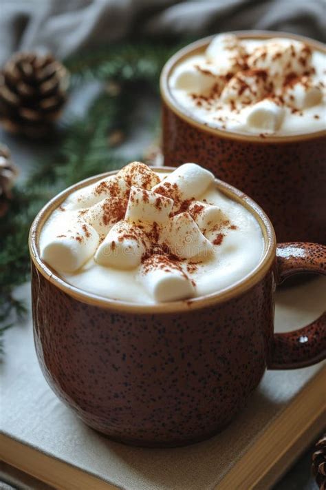 Cozy Mugs Filled With Hot Chocolate Topped With Marshmallows And Cocoa