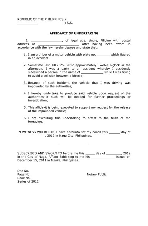 Affidavit Of Undertaking Republic Of The Philippines