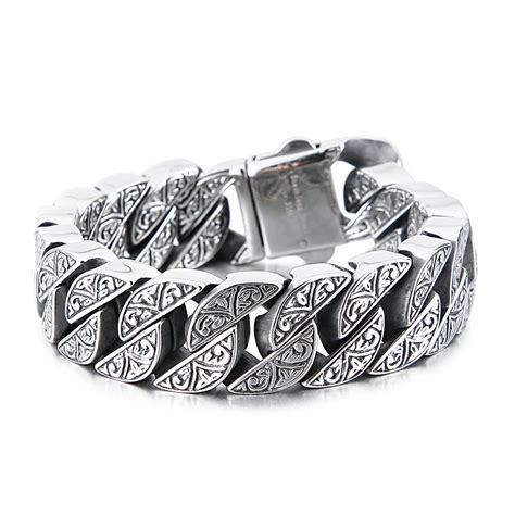 Fongten Vintage Bracelet For Men Carving Cuban Chain Stainless Steel