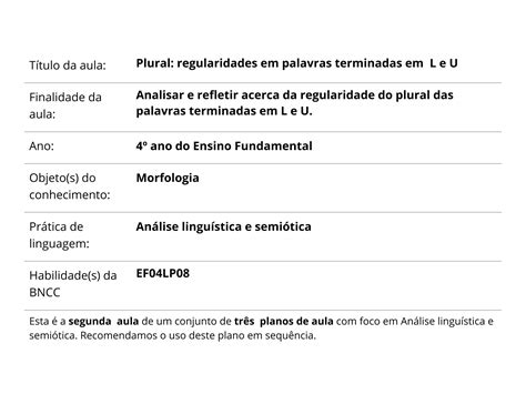 Plural De Palavras Terminadas Em U - Plural: regularidades em palavras terminadas em L e U - Planos de aula ...